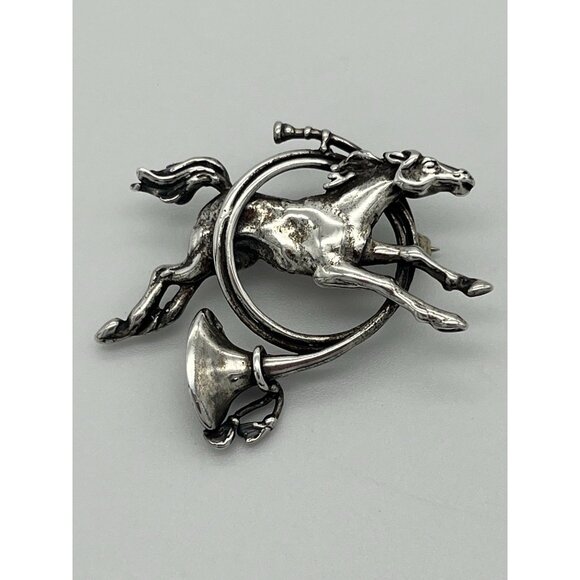 Vintage M&H Sterling Silver Brooch Pin Horse Equestrian Trumpet Horn 1 1/2" - Picture 5 of 8